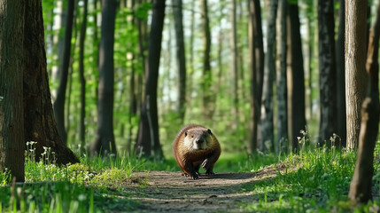 Beaver walking on a forest path surrounded by green trees and lush vegetation