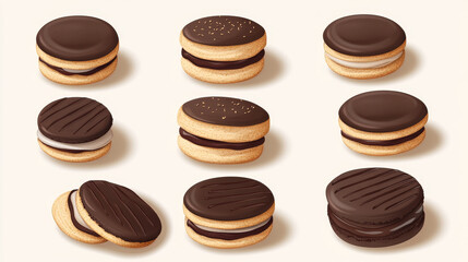 Fototapeta premium A selection of round biscuit sandwiches layered with chocolate filling, depicted in various positions as vector templates for web design