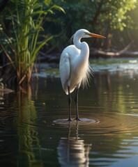 Naklejka premium Egret wading in shallow water looking for fish, hunt, wading, prey