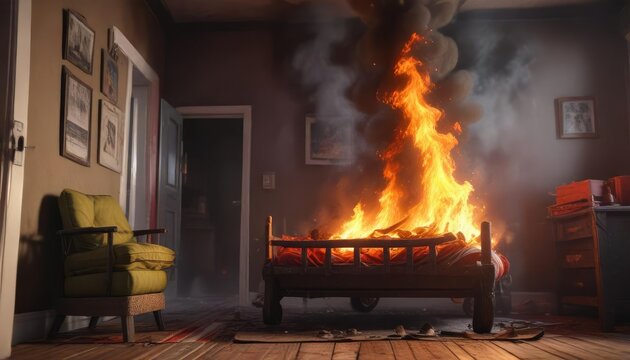 El bombero con manguera apaga un incendio en una habitaci?n llena de humo, manguera, fuego