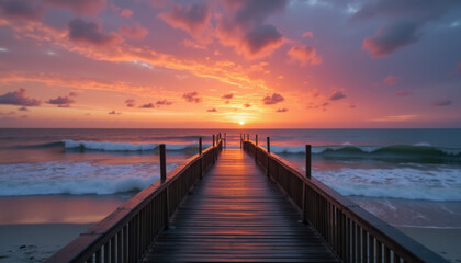 Naklejka premium Wooden pier extending into ocean at sunset with dramatic clouds and vibrant colors in the sky