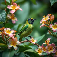 Obraz premium Vibrant Green Bird Perched Among Colorful Flowers in Tropical Paradise
