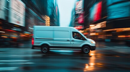 White delivery van moving fast through busy city street at night