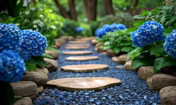 Serene garden pathway lined with vibrant blue hydrangeas and smooth stones, lush greenery in background