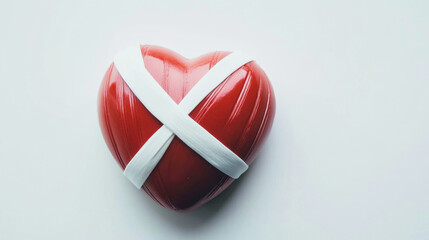 Red heart wrapped in white bandages symbolizes emotional healing on clean white background