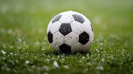 Fototapeta premium Closeup of a Wet Soccer Ball on Green Grass