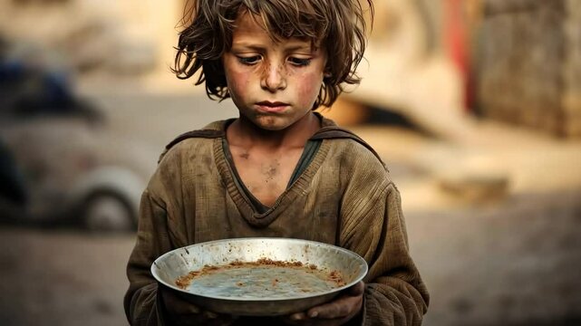 Poor Hungry Boy Holding Empty Plate on Dirty Street Poverty Concept
