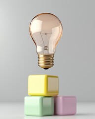 Floating Light Bulb Above Colorful Building Blocks in Modern Minimalist Design