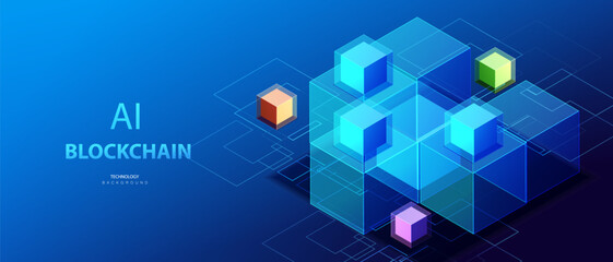 Obraz premium Blockchain banner. Connected cube blocks. Ai chain data technology background. Transmission cryptocurrency network vector.