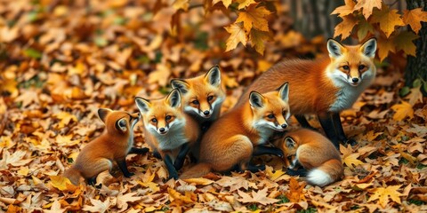 Fototapeta premium Family of foxes playing in autumn leaves, outdoor adventure, leaf crunching