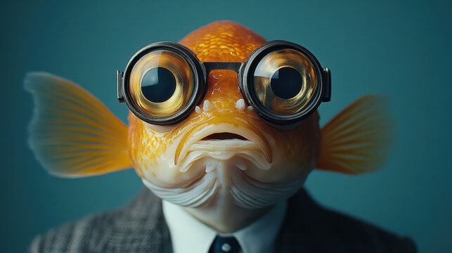 surreal and humorous image of a goldfish wearing vintage round glasses and dressed in a formal suit with a tie. The fish has a serious expression, giving it an intellectual and whimsical character