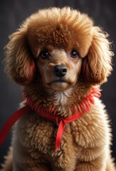 Fluffy curly poodle with red ribbon around neck, playful dog, animal face