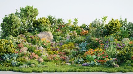 Obraz premium Lush hillside garden, diverse plants, rocks, sunny day; website banner