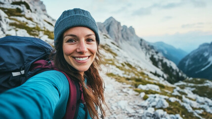 Confident bearded woman takes a selfie while hiking on a rocky mountain trail