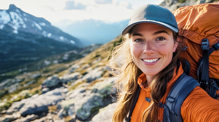 Naklejka premium Confident bearded woman smiles on rocky mountain trail during hiking adventure