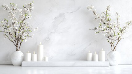 Tranquil spa scene candles, blossoms, marble