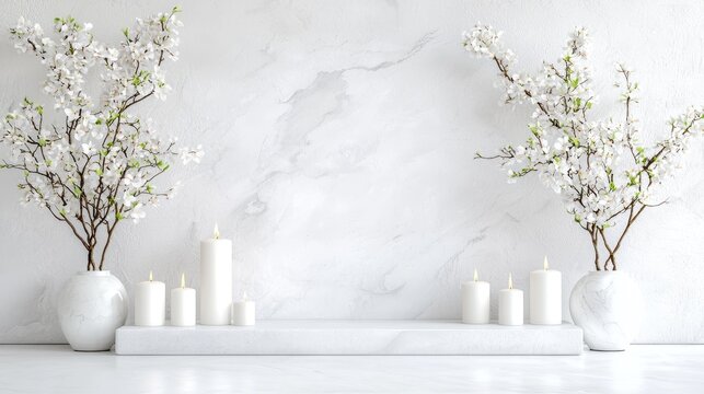 Tranquil spa scene candles, blossoms, marble