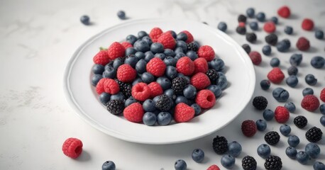 Fresh assortment of blueberries, blackberries, and raspberries on a white plate, fruit, berries, blueberries, assortment