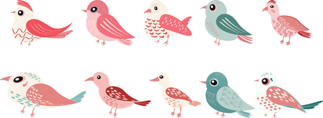 Set of cute spring colorful songbirds Different beautiful birdie Vector cartoon illustration in childish style isolated on white