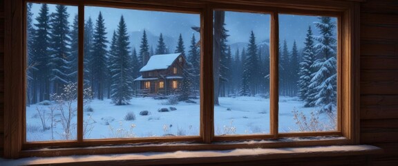 Fototapeta premium Freshly fallen snowflakes gently covering the frosty windowpane of a cozy cabin, cozy cabins, frosted glass windows