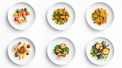 A vibrant assortment of dishes featuring fresh vegetables and proteins is skillfully arranged on white plates. Each plate offers a unique culinary creation, showcasing artistry and flavor
