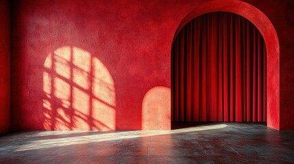 Red room interior with archway and curtains, sunlight casting shadows