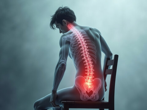 Vista transparente de la regi&oacute;n sacra, punto de dolor rojo brillante, individuo que lucha por levantarse de una silla
