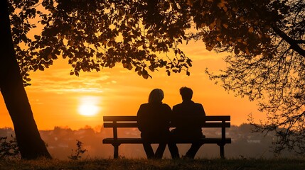 Obraz premium A couple sitting together on a bench watching the sunset