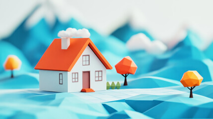 Cute low-poly house in a vast open space with stylized mountains and a blue theme