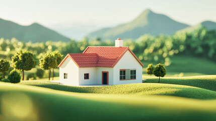 Stylized minimalist isometric house in a green landscape with distant mountains