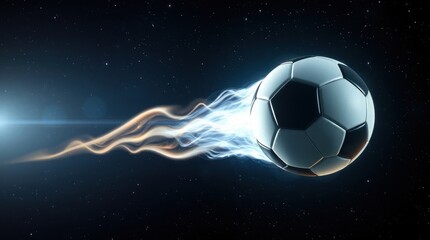 Naklejka premium Soccer ball soaring through cosmic space with blazing trails of light in an artistic depiction of sport and movement
