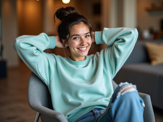 Mujer joven con una sonrisa brillante y expresivos ojos marrones, sentada cómodamente en un sillón moderno, elegante y con respaldo bajo
