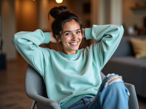 Mujer joven con una sonrisa brillante y expresivos ojos marrones, sentada c&oacute;modamente en un sill&oacute;n moderno, elegante y con respaldo bajo
