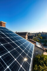 Obraz premium Solar panels reflect sunlight while standing on a roof overlooking a vibrant neighborhood under a clear blue sky