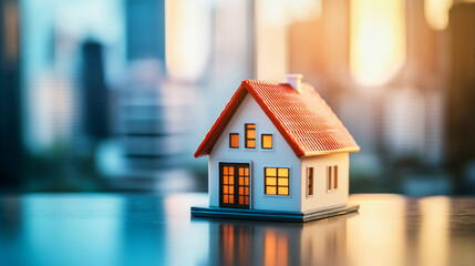 Miniature house model with red rooftop on desk showcasing real estate concept against city skyline