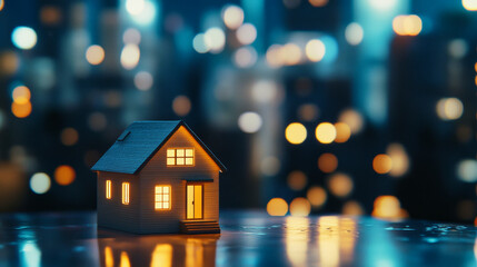 Realistic small house model with cozy lighting against blurred urban backdrop at night
