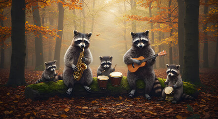 Photo of a family of raccoons playing musical instruments in the forest, like a jazz band, cozy atmosphere, rainy, foggy, leaves changing color