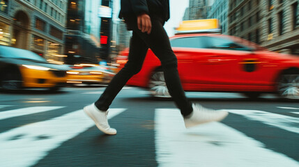 Urban intersection with pedestrians and motion-blurred traffic in bustling city setting