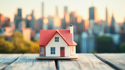 Tiny house model with red and white rooftop on wooden table against city skyline background
