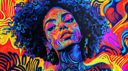 Vibrant psychedelic portrait of an afro-haired woman in neon hues and intricate details