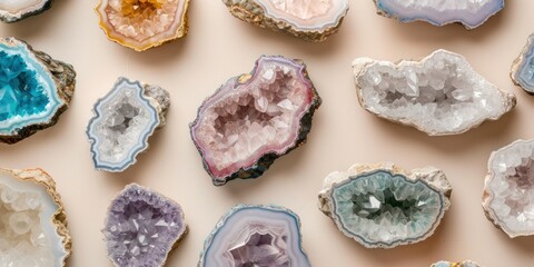Soft pastel geode slices are artistically arranged on a pale surface creating a gentle and harmonious visual. The layout provides extensive copy space for editorial content and design