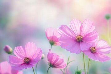 Fototapeta premium Delicate Pink Cosmos Flowers in Soft Focus with Gentle Bokeh Background Blending Light and Color
