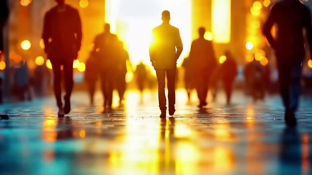 Silhouette of businessman walking toward golden light with reflection on wet surface. Leadership journey concept with backlit figure among blurred crowd. Business success vision with career path