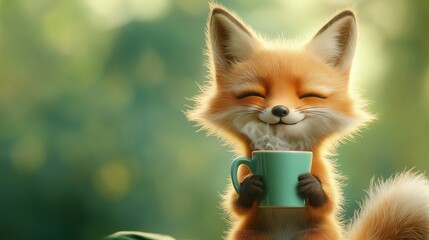 Obraz premium A sleepy red fox holding a mug of coffee, eyes half-closed as it enjoys the warmth of the morning. The blurred green background adds to the feeling of an early start to the day