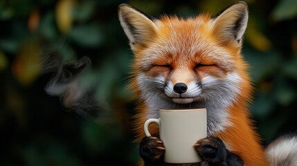 Obraz premium A sleepy red fox holding a mug of coffee, eyes half-closed as it enjoys the warmth of the morning. The blurred green background adds to the feeling of an early start to the day.