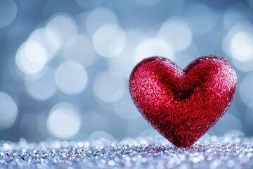 Obraz premium Shiny Red Heart Decoration with Glitter on Sparkling Background for Romantic Themes