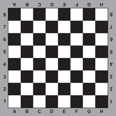 Classic chessboard with coordinates, black and white playing field for chess or checkers with light gray frame, border