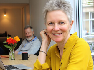 Smiling caucasian elderly female in yellow shirt working on laptop in cozy cafe