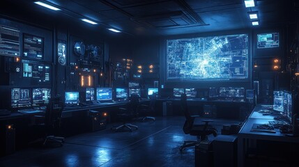 Futuristic control room, monitoring large screen