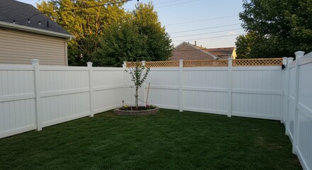 White Vinyl Fence Backyard Enclosure - A newly installed white vinyl fence surrounds a small backyard, creating a private and secure outdoor space. A young tree sits in a landscaped planter